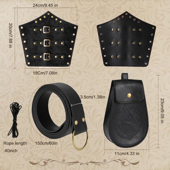 3PCS Renaissance Accessories Viking Medieval Belt Pouch Leather Bracers - Picture 4 of 8